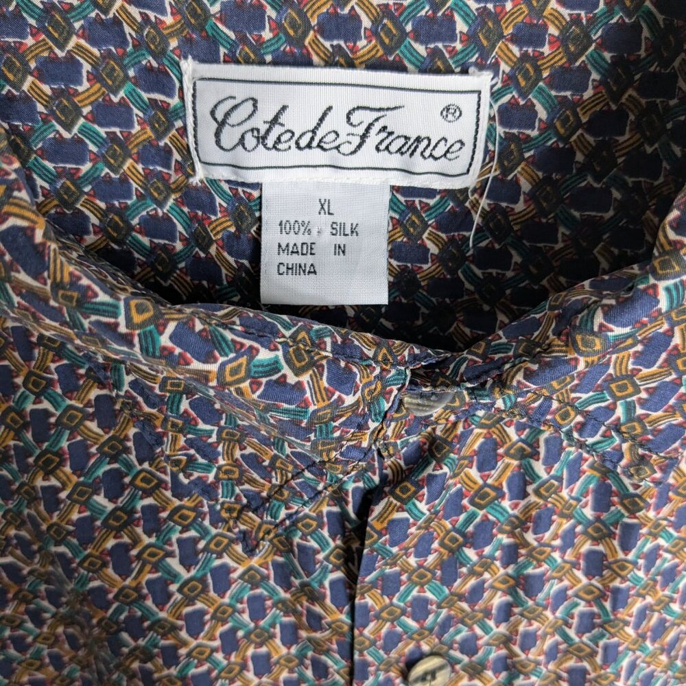 Cote De France 100% Silk Men's long sleeve shirt blue yellow green XL - Picture 4 of 6
